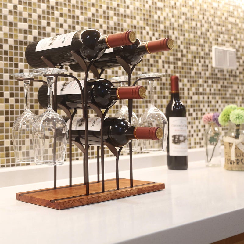 ALLCENER Tabletop Wood Wine Holder, Countertop Wine Rack, Hold 4 Wine Bottles and 4 Glasses, Perfect for Home Decor & Kitchen Storage Rack, Bar, Wine Cellar, Cabinet, Pantry, etc, Wood & Metal (Bronze) - Image 2